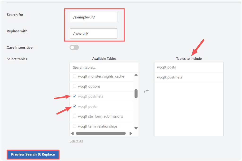 select the tables you need in the available tables panel. The right panel shows which tables are included. here, wpq8_posts and wpq8_postmeta are selected.