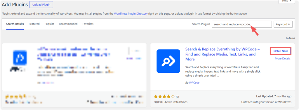 search replace wpcode plugin search install
