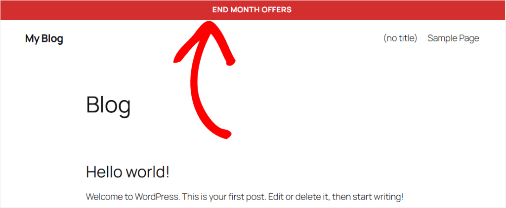 blog page mockup with red top bar, large 'Blog' heading, 'Hello world!' intro, and a red arrow pointing to the header area.