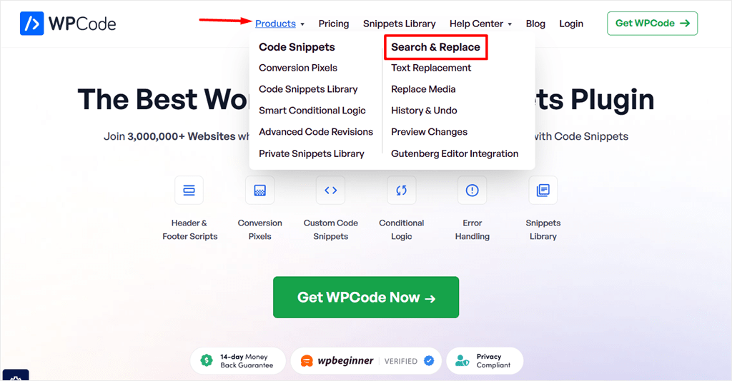 wpcode products menu search replace
