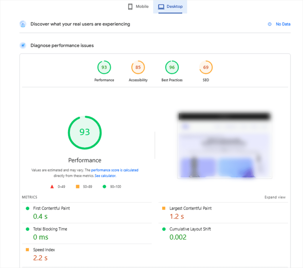 wpcode shared desktop after optimization 93