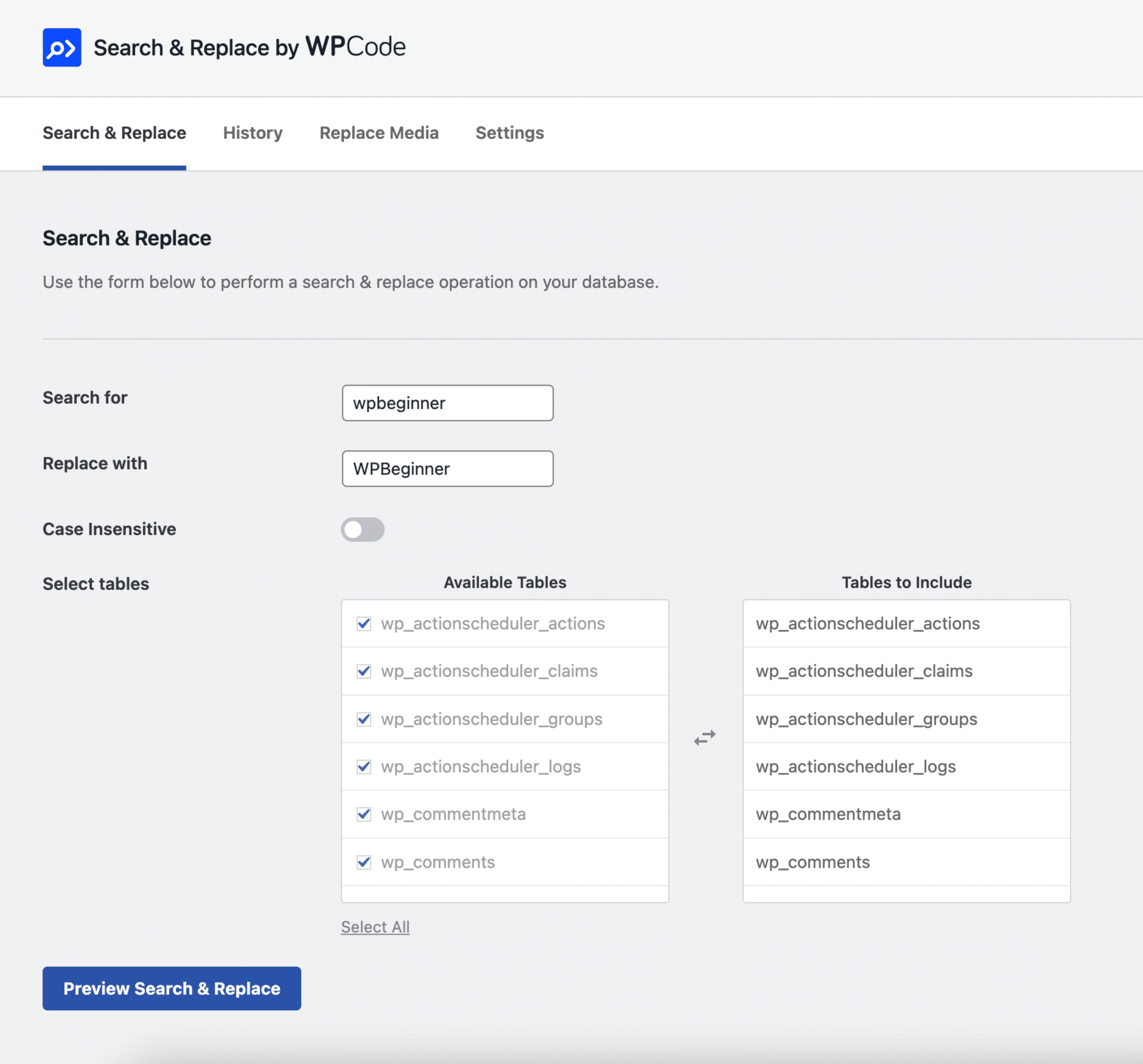Screenshot of Search & Replace by WPCode interface showing the search/replace form with wpbeginner and WPBeginner values and a list of WP tables on the right side of the screen