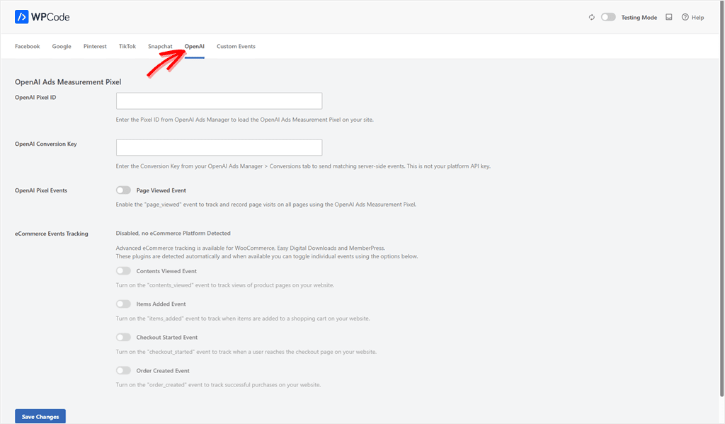 WPCode dashboard OpenAI Ads Measurement Pixel settings: Pixel ID, Conversion Key, and event toggle options.