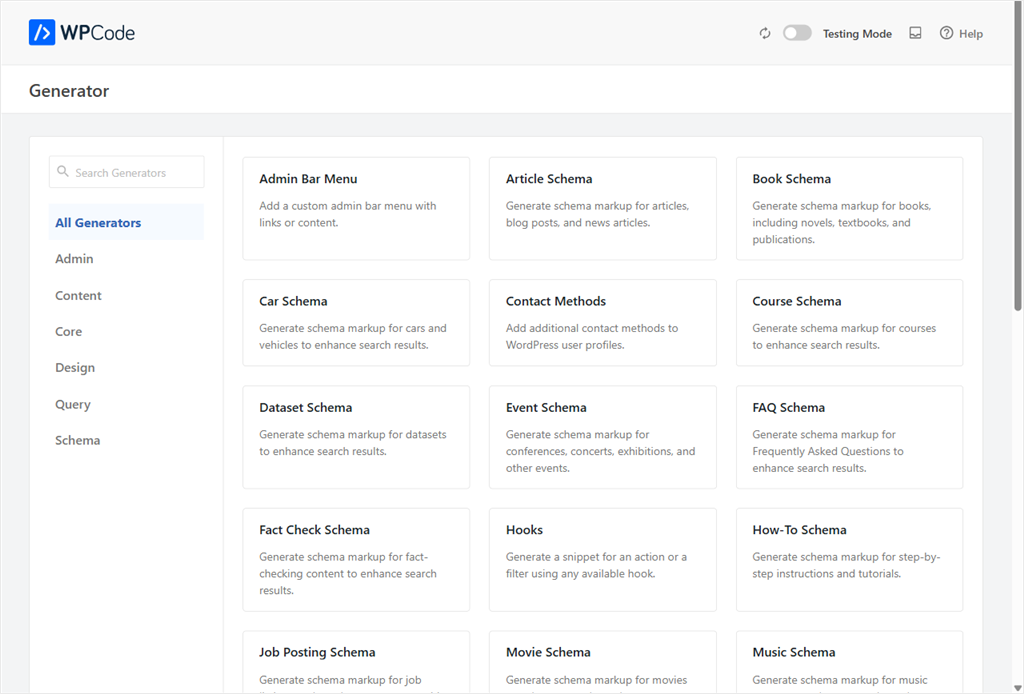 Screenshot of the WPCode Generator dashboard: left sidebar with categories and a grid of generator cards (Admin Bar Menu, Article Schema, Book Schema, etc.).