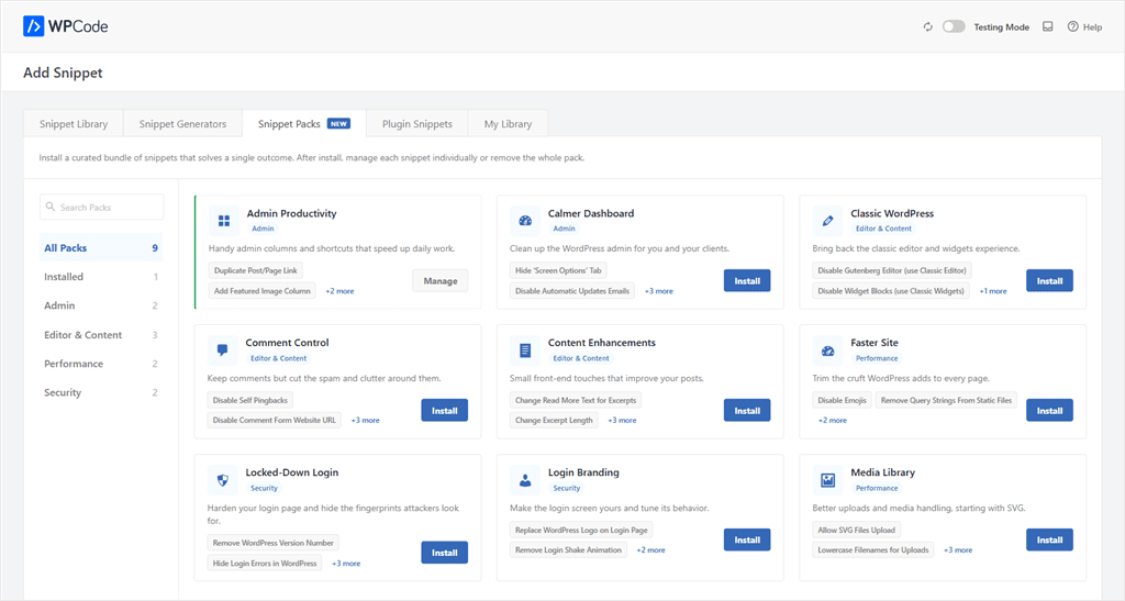WPCode Add Snippet Packs page showing a grid of packs like Admin Productivity, Calmer Dashboard, and Classic WordPress with a left sidebar filter.