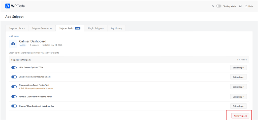 WPCode Add Snippet UI showing Calmer Dashboard pack with five snippets; 'Remove pack' button highlighted in red.