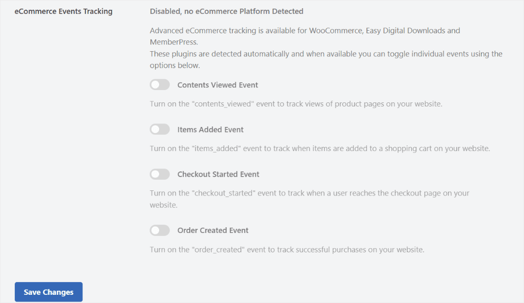 eCommerce Events Tracking settings panel with four toggle switches and a Save Changes button, all currently off.