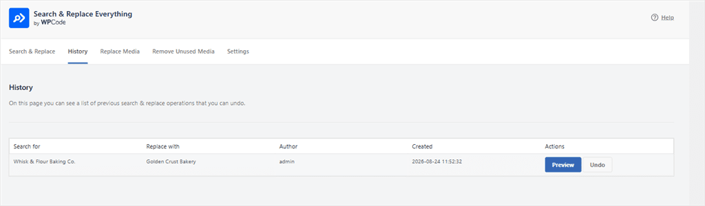 History page of the Search & Replace Everything plugin showing a past operation: 'Whisk & Flour Baking Co.' → 'Golden Crust Bakery' by admin on 2026-08-24, with Preview and Undo actions.