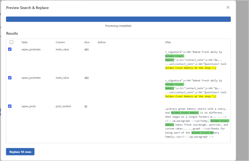 Dialog showing 'Preview Search & Replace' results: three replacements in the database (two wpew_postmeta rows and one wpew_posts row), with after text highlighting 'Golden Crust Bakery at the shop' in the snippets.