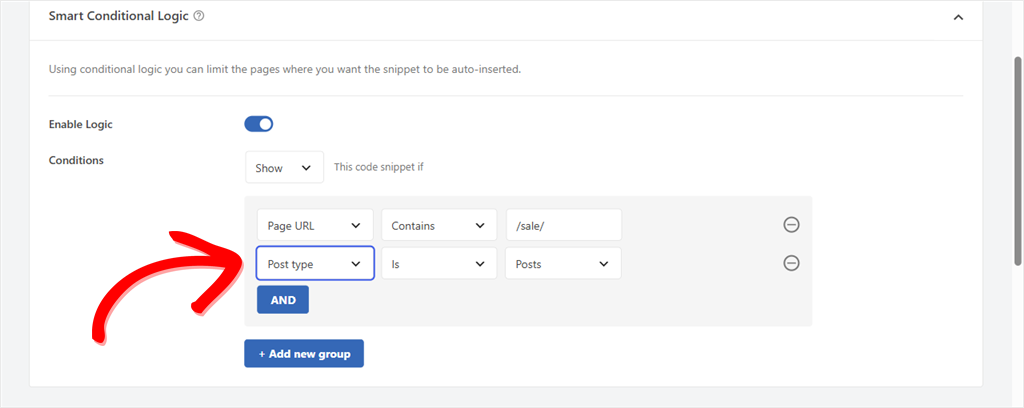 Smart Conditional Logic panel with two rules: Page URL contains /sale/ and Post type is Posts, grouped with AND