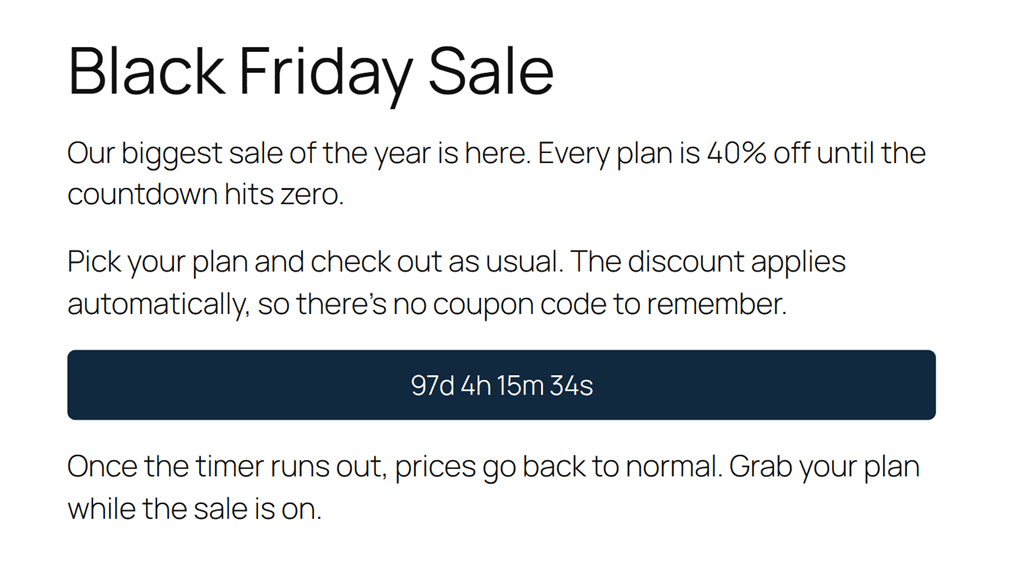 Black Friday Sale page with the countdown inside a dark navy box after the second paragraph