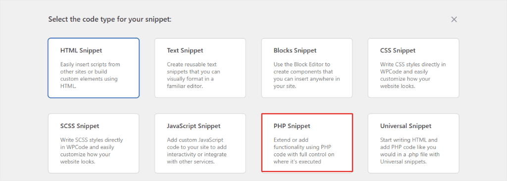 Code type selection dialog with eight options: HTML, Text, Blocks, CSS, SCSS, JavaScript, PHP, and Universal Snippets.