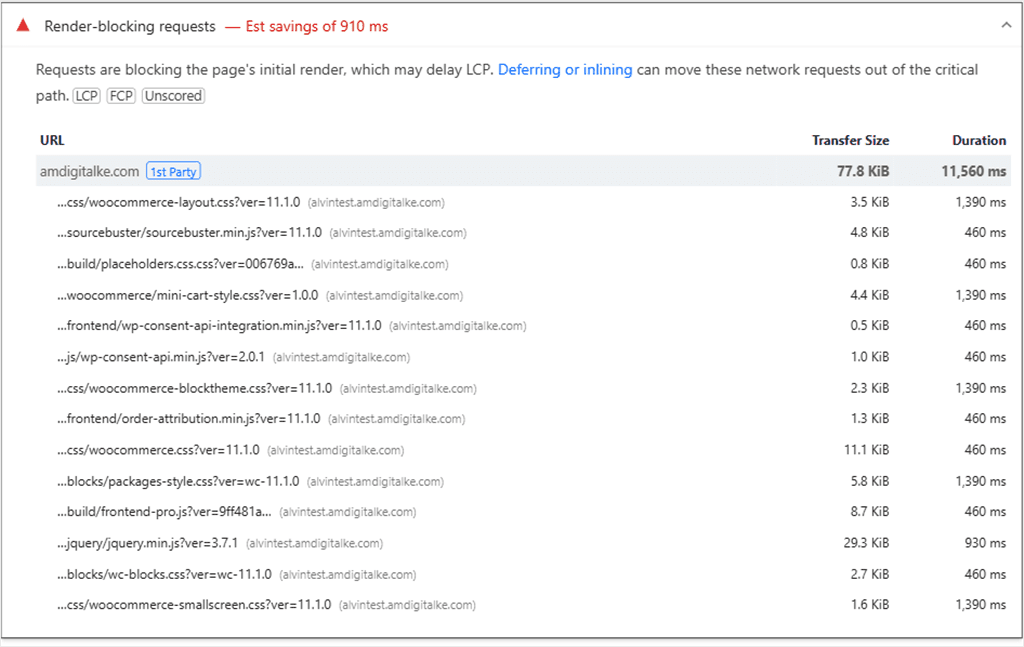 PageSpeed Insights render-blocking requests list after the snippet, with jquery.min.js still listed and jquery-migrate gone