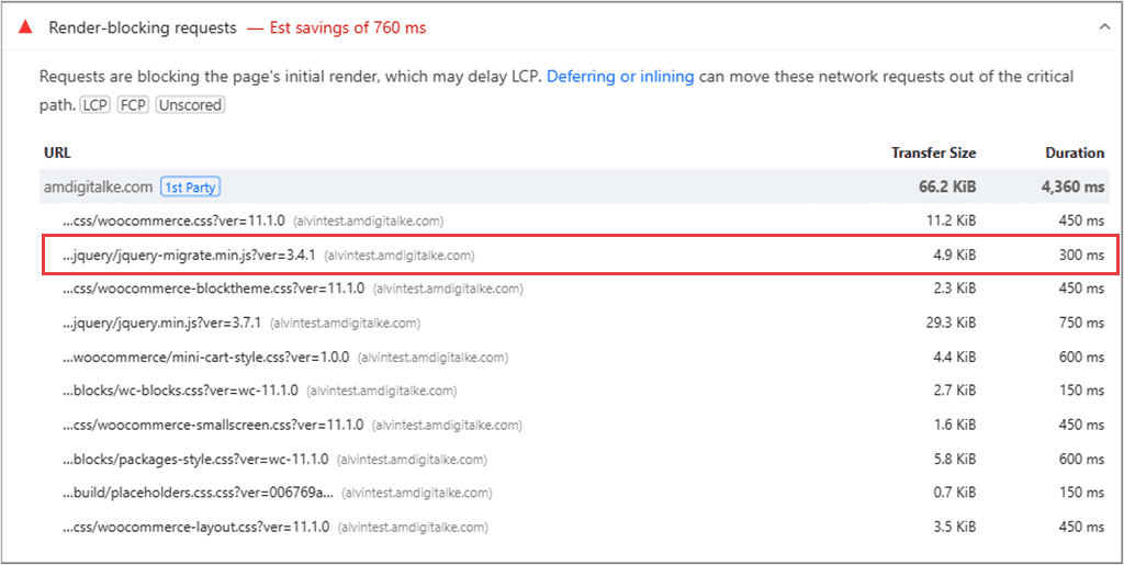 PageSpeed Insights render-blocking requests list with the jquery-migrate.min.js file highlighted