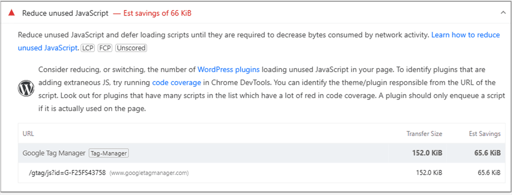 PageSpeed Insights Reduce unused JavaScript list after the page rule, with only the Google Tag Manager script left