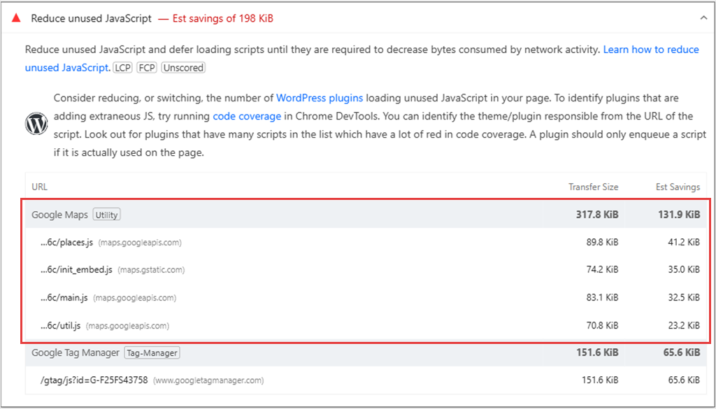 PageSpeed Insights Reduce unused JavaScript list with four Google Maps script files highlighted