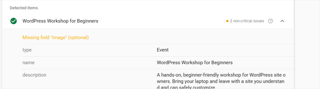 Detected items panel showing a WordPress Workshop for Beginners event with a missing image field and description otherwise provided.