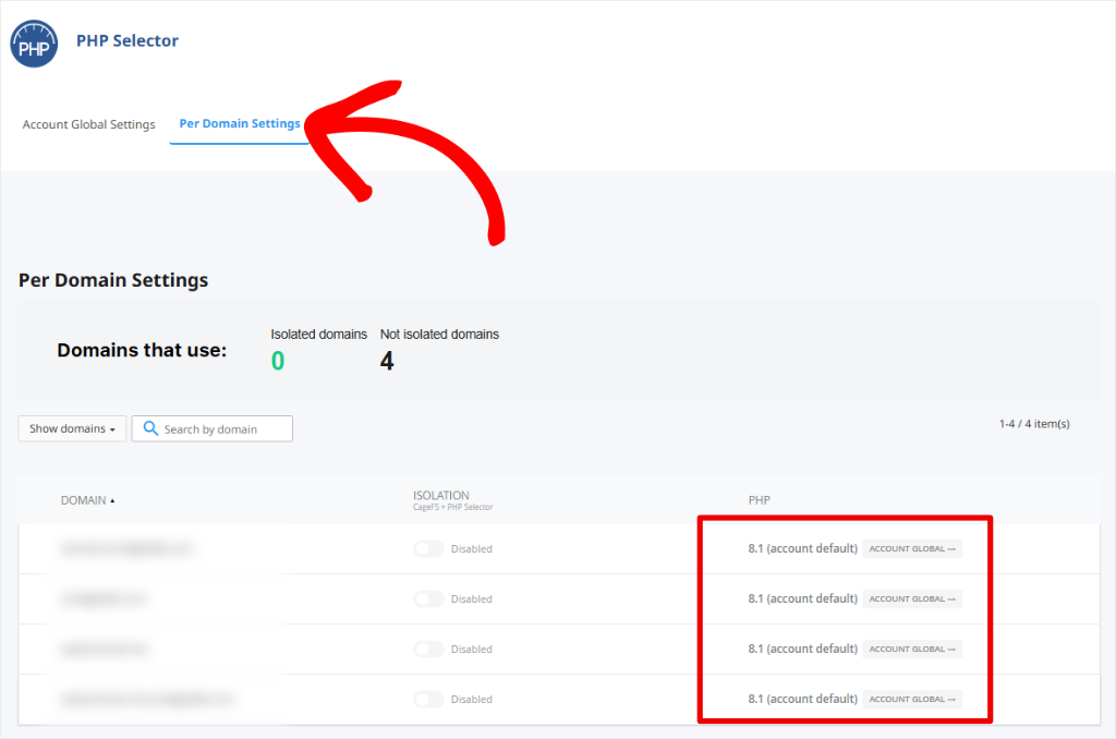 PHP Selector in a hosting control panel with the Per Domain Settings tab open, showing each domain on PHP 8.1 (account default)