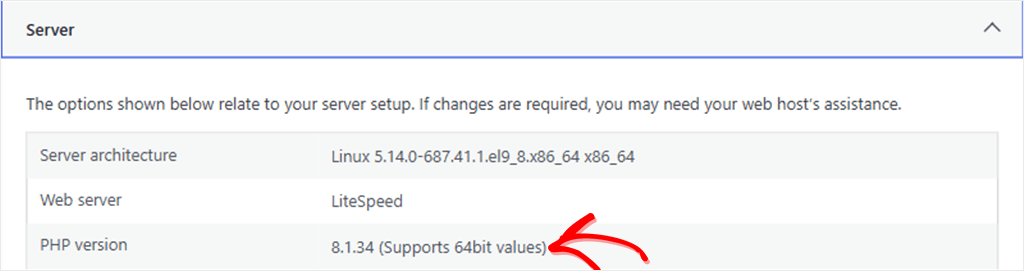 Server details panel: Linux-based server with LiteSpeed web server; PHP version 8.1.34 (Supports 64-bit values).
