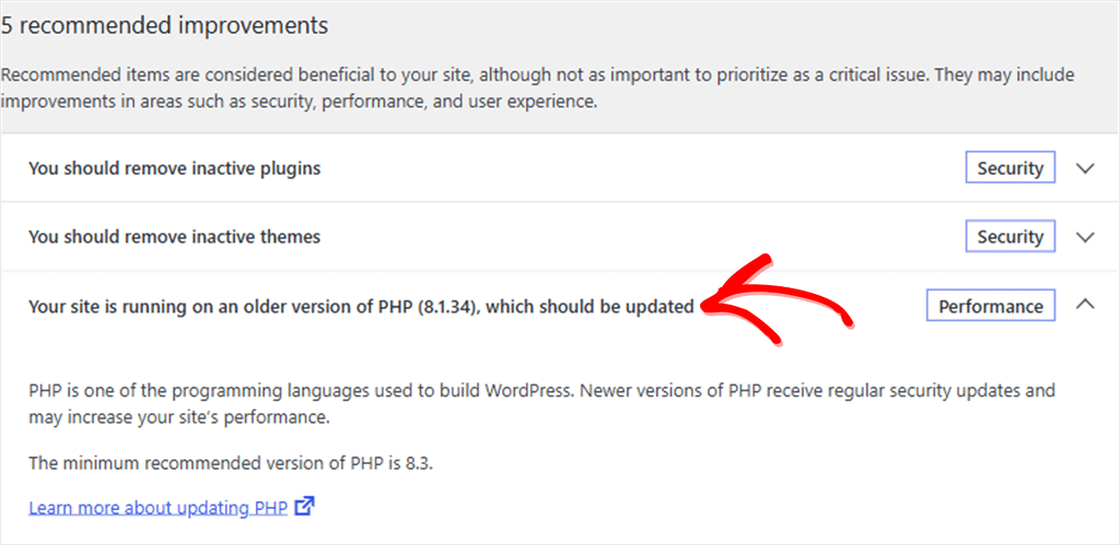 Panel titled '5 recommended improvements' listing three items: remove inactive plugins, remove inactive themes, and update PHP (8.1.34).