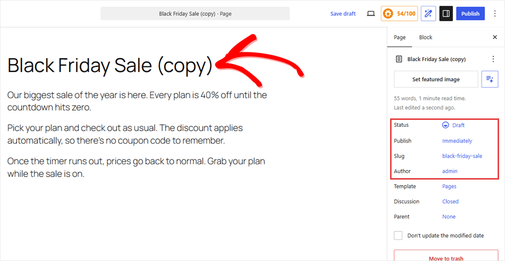 Screenshot of a content editor with page title 'Black Friday Sale (copy)' and draft status in the right panel.