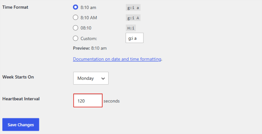 WordPress General Settings with a new Heartbeat Interval field set to 120 seconds