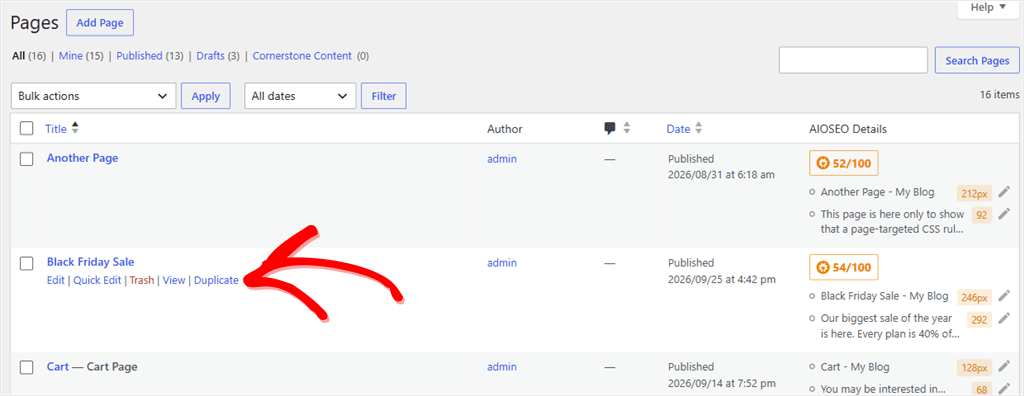 WordPress Pages admin list with the item 'Black Friday Sale' selected and a red arrow pointing to it.