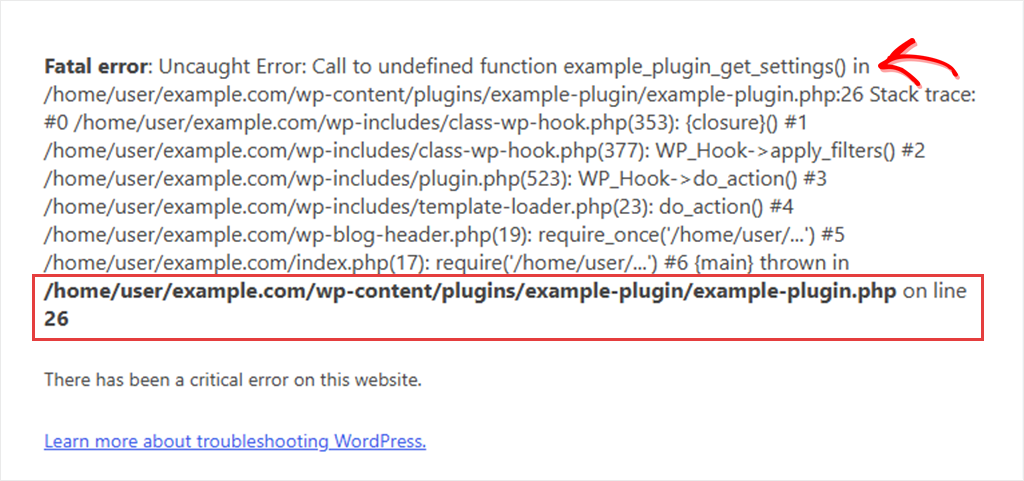 Fatal error shown to a logged-in admin, naming the undefined function and the plugin file and line that caused it, above the critical error notice