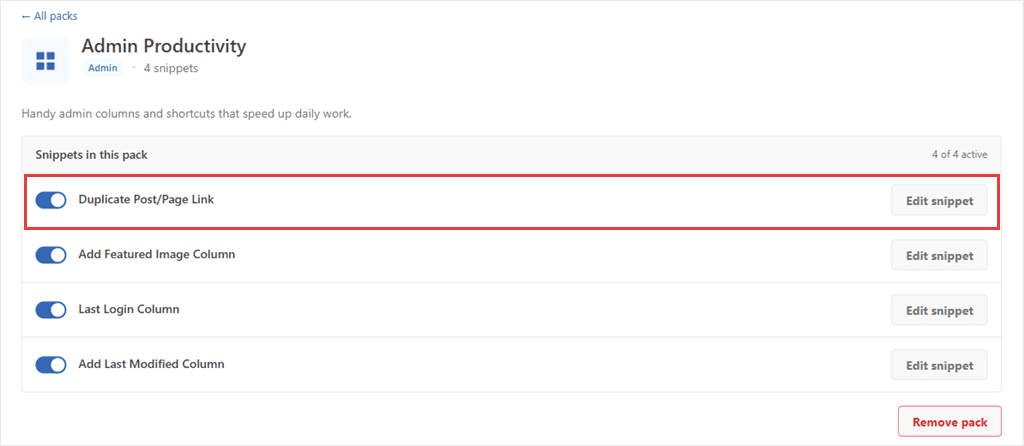 The Admin Productivity snippet pack listing Duplicate Post/Page Link, Add Featured Image Column, Last Login Column, and Add Last Modified Column