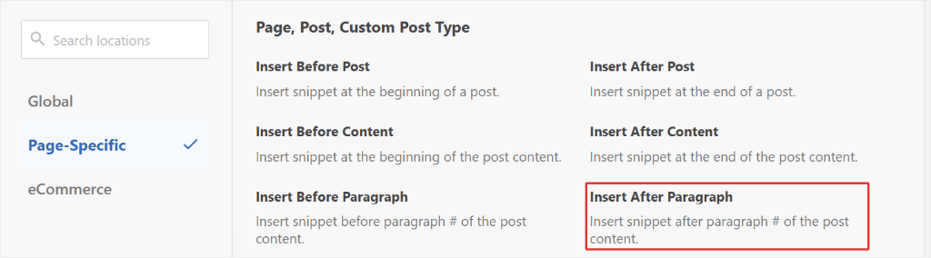 WPCode Location dropdown on the Page-Specific tab listing Insert Before and After Paragraph
