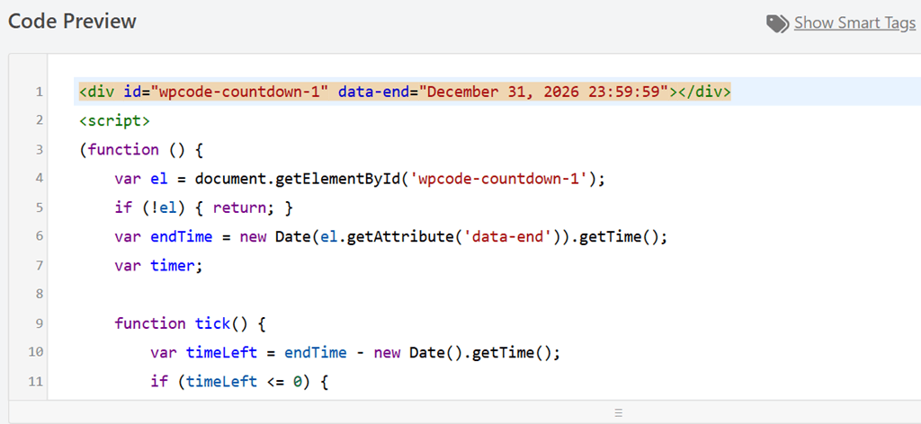 Code snippet for a countdown timer: a div with id 'wpcode-countdown-1' and an end-time attribute