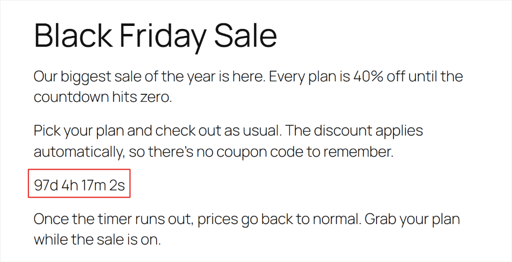 Black Friday Sale page with the countdown shown as plain text after the second paragraph
