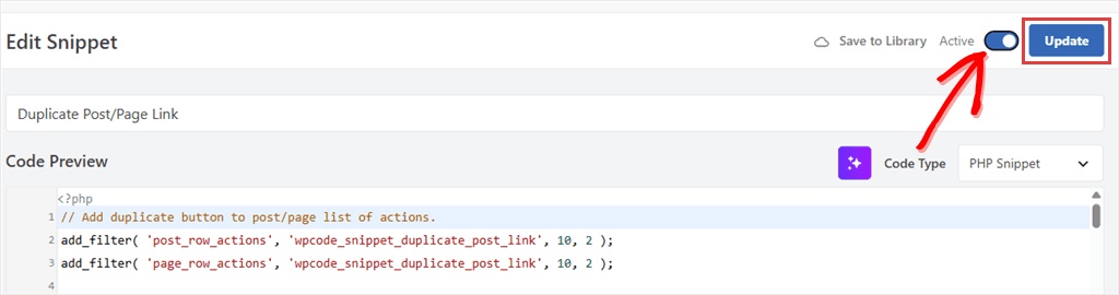 Snippet editor UI showing 'Edit Snippet' with a PHP code preview and an Update button highlighted, used to copy/modify a post/page link action snippet.