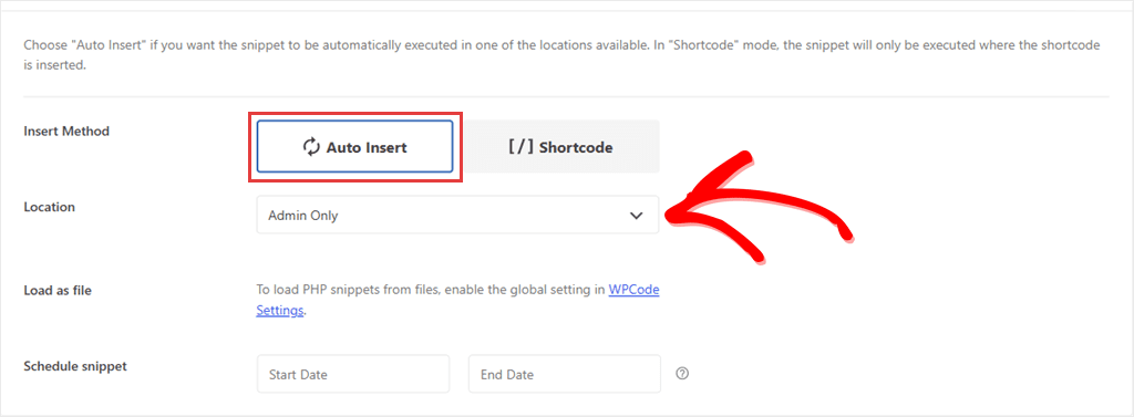 Settings panel for PHP snippet insertion: Auto Insert selected, Location set to Admin Only, with Load as file and Schedule snippet options visible.