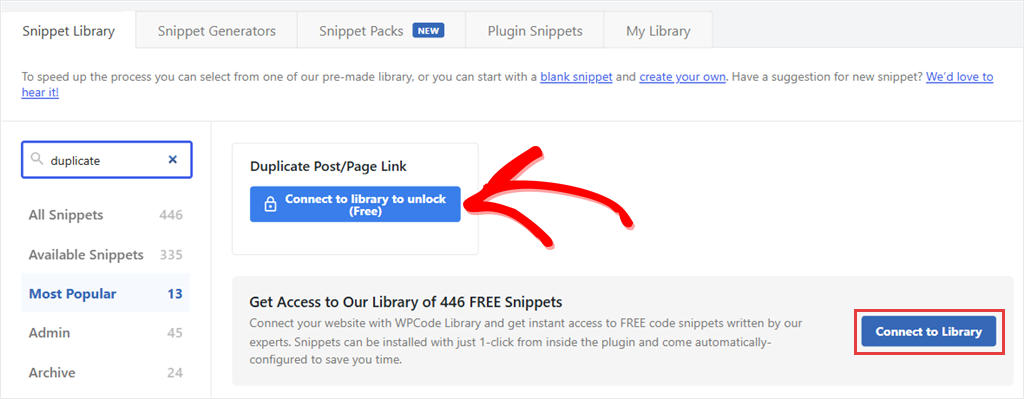 Panel titled 'Duplicate Post/Page Link' with a blue 'Connect to library to unlock (Free)' button