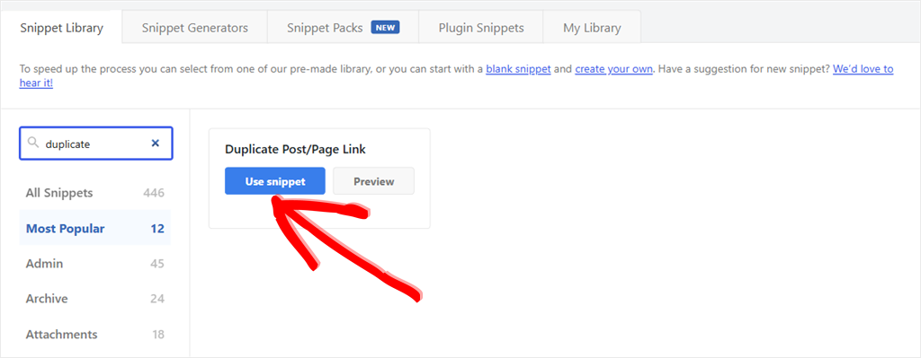 Snippet Library: search results for 'duplicate'; card shows 'Duplicate Post/Page Link' with 'Use snippet' and 'Preview' buttons.