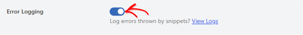 UI: Error Logging toggle set to ON; blue switch enabled with 'View Logs' link.