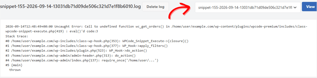 Screenshot of a log viewer showing a PHP error: Call to undefined function wc_get_orders(), with Delete log and View controls visible.
