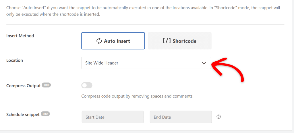 WPCode Insertion panel with the Auto Insert and Shortcode options and the Location dropdown