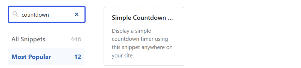 WPCode snippet library search for countdown showing the Simple Countdown Timer card