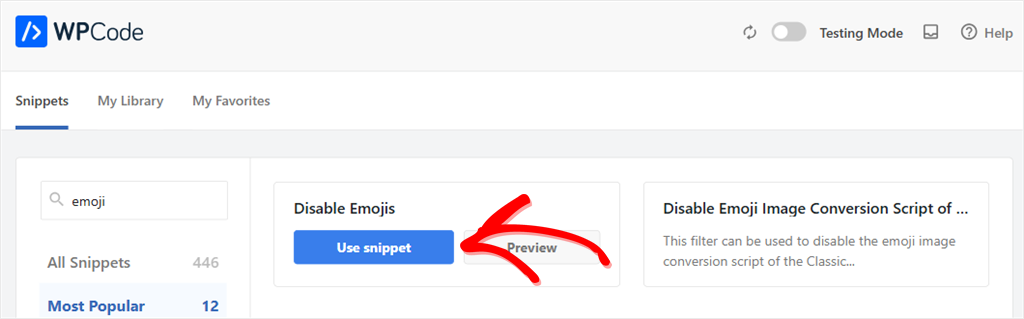 WPCode library search for emoji, with the Use snippet button showing on the Disable Emojis card