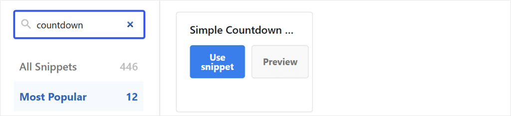 Simple Countdown Timer card with the Use snippet and Preview buttons shown on hover