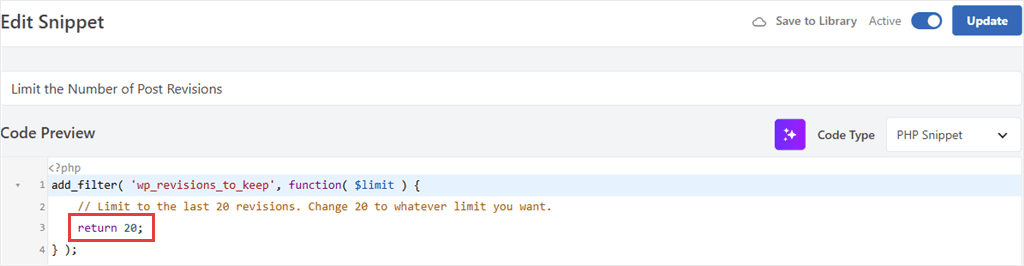 WPCode snippet editor for Limit the Number of Post Revisions, with the line return 20 highlighted