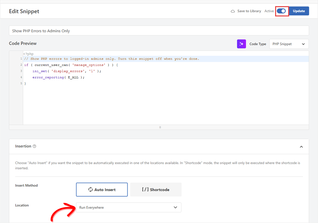 Code editor UI showing a PHP snippet that shows errors to admins, with Auto Insert and Run Everywhere placement options