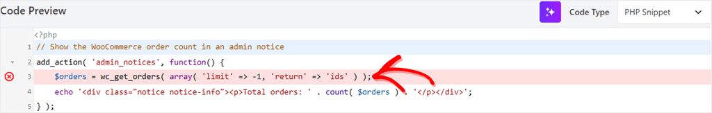 Code preview: PHP snippet assigning $orders via wc_get_orders with unlimited limit and IDs return, highlighted line indicating an issue