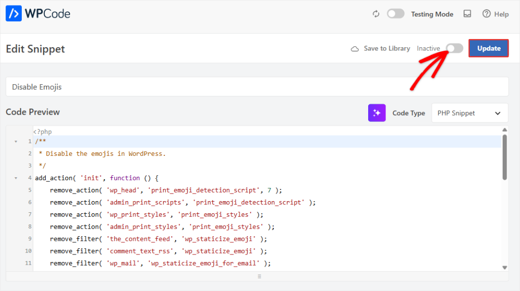 WPCode Edit Snippet screen for Disable Emojis, with the toggle set to Inactive next to the Update button