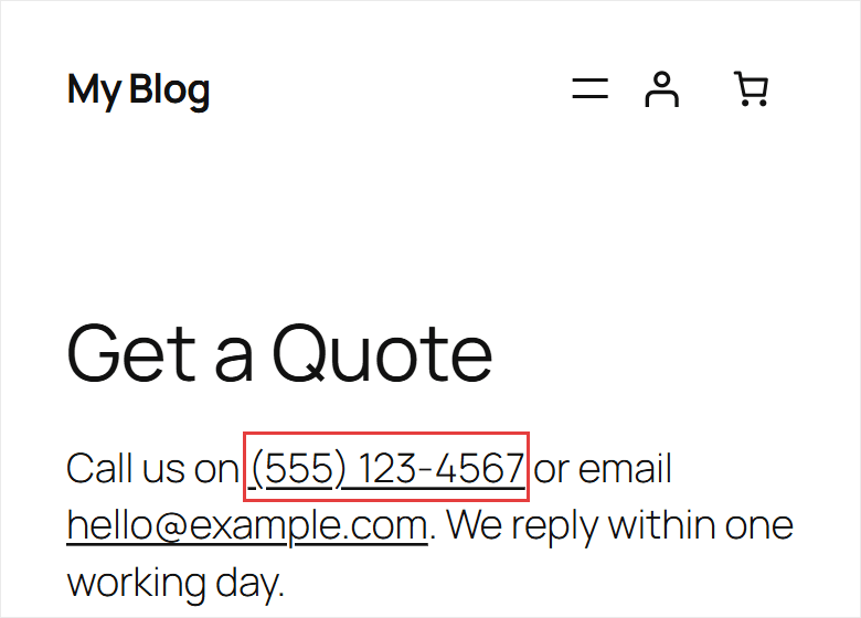 A contact page on a phone-sized screen with the phone number shown as a tappable link