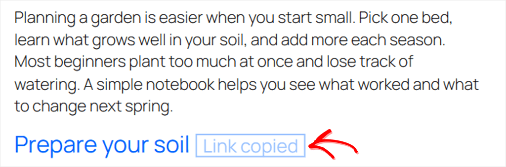 A blog post heading with a Link copied label next to it after the copy button was clicked
