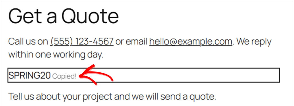 A coupon code SPRING20 on a page with the label Copied! next to it after a click