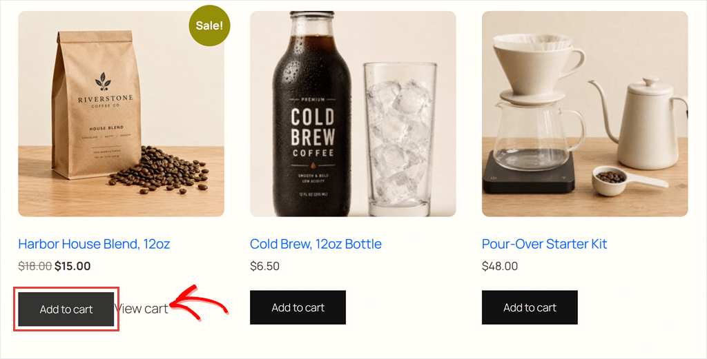 Coffee shop product grid where the House Blend Add to cart button was clicked and a View cart link appeared next to it